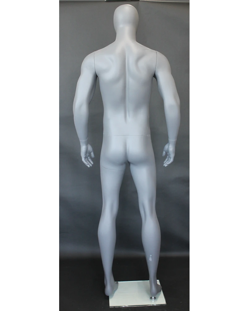 Tall athletic arms-at-sides egghead male mannequin in matte grey, SFM52E-GR
