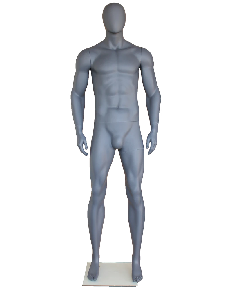 Tall athletic arms-at-sides egghead male mannequin in matte grey, SFM52E-GR