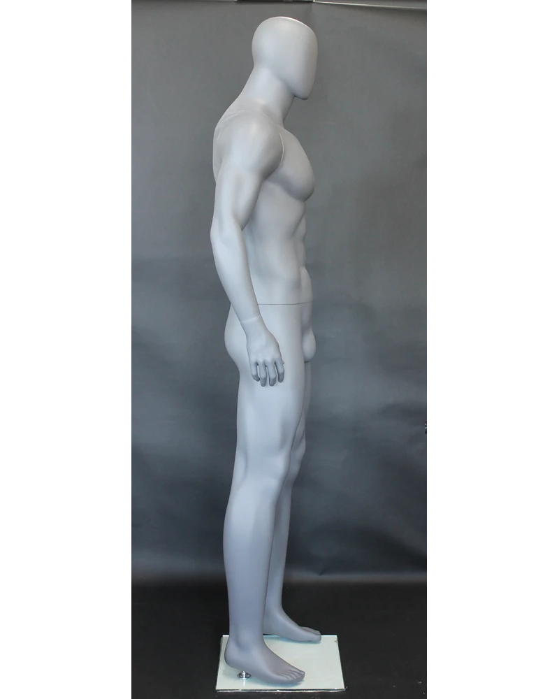 Tall athletic arms-at-sides egghead male mannequin in matte grey, SFM52E-GR