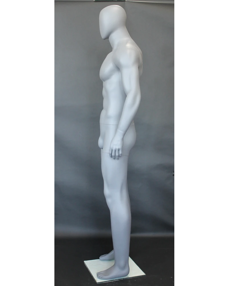 Tall athletic arms-at-sides egghead male mannequin in matte grey, SFM52E-GR