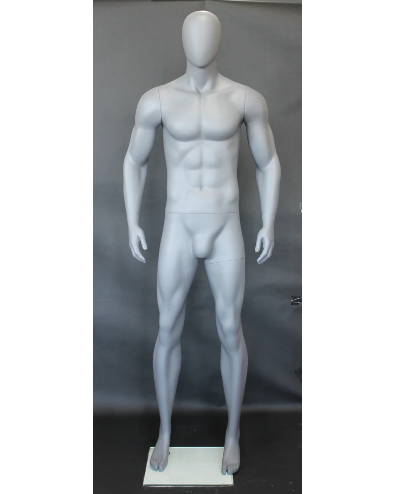 Tall athletic arms-at-sides egghead male mannequin in matte grey, SFM52E-GR