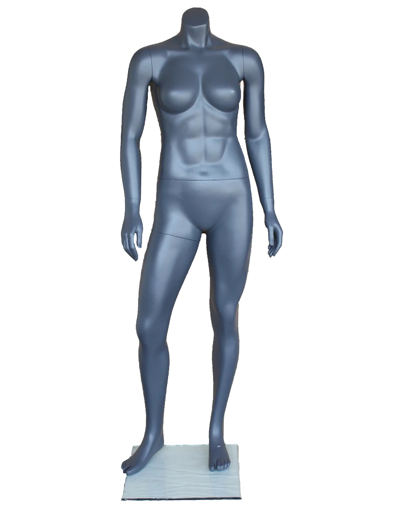 Arms-at-sides 5 ft athletic headless female mannequin in matte grey, STB-1FH-MG