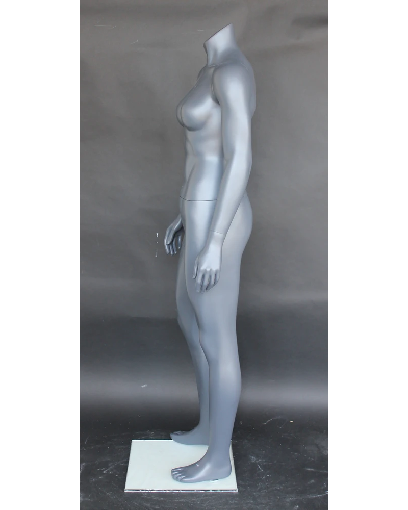 Arms-at-sides 5 ft athletic headless female mannequin in matte grey, STB-1FH-MG