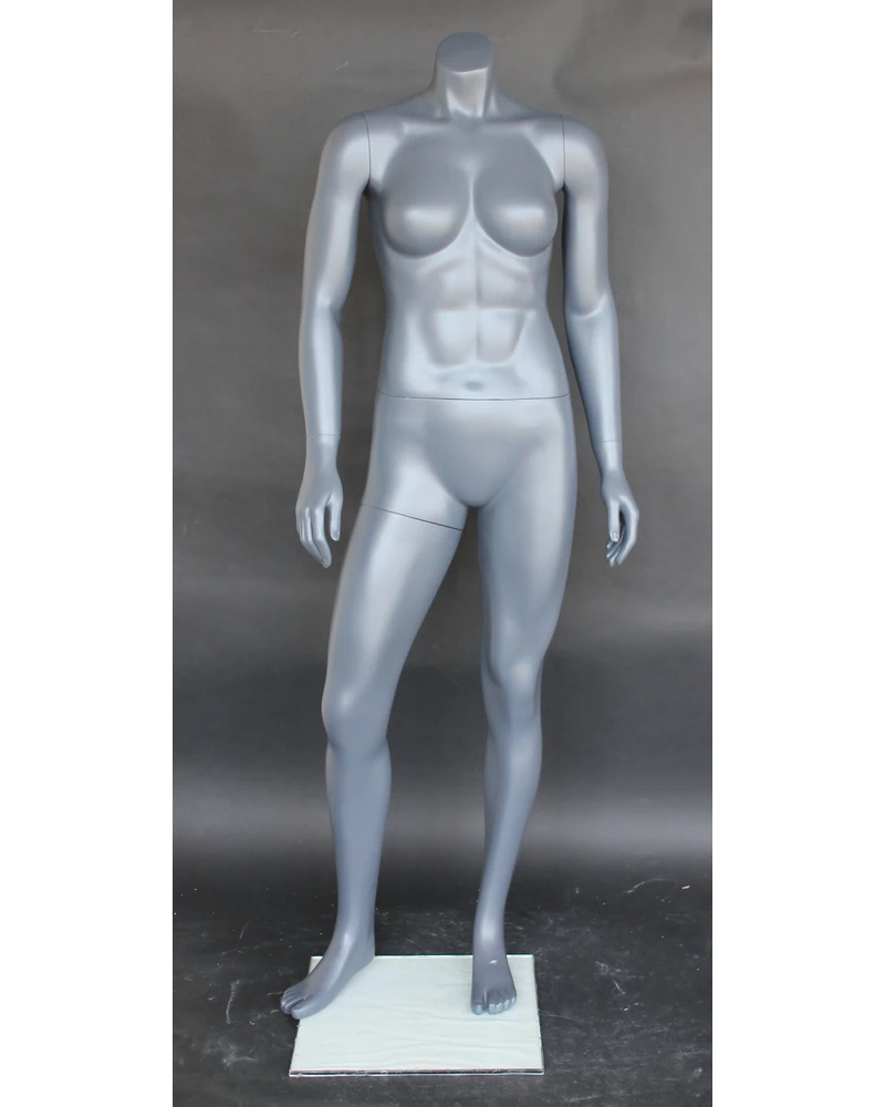 Arms-at-sides 5 ft athletic headless female mannequin in matte grey, STB-1FH-MG