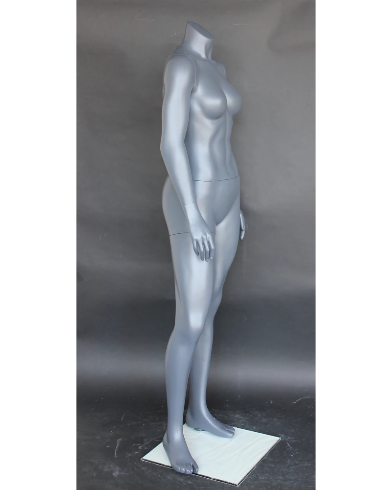 Arms-at-sides 5 ft athletic headless female mannequin in matte grey, STB-1FH-MG