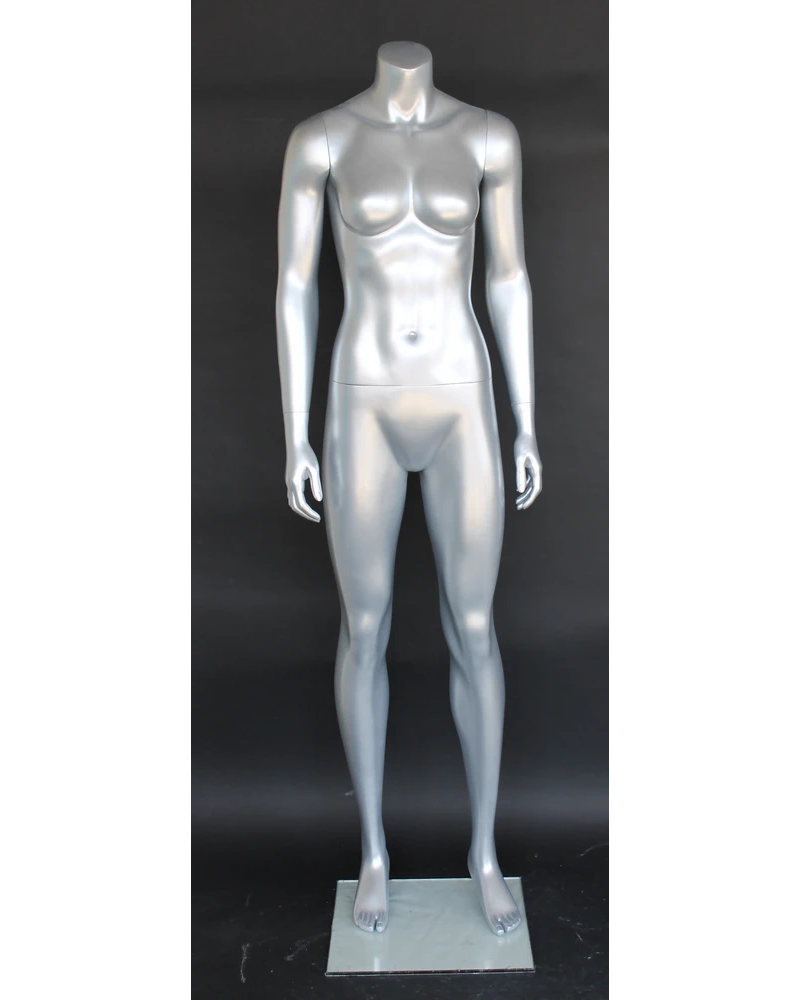 Athletic arms-at-sides headless female mannequin in matte silver, STW101-ST