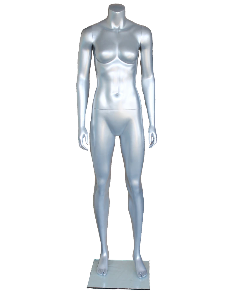 Athletic arms-at-sides headless female mannequin in matte silver, STW101-ST