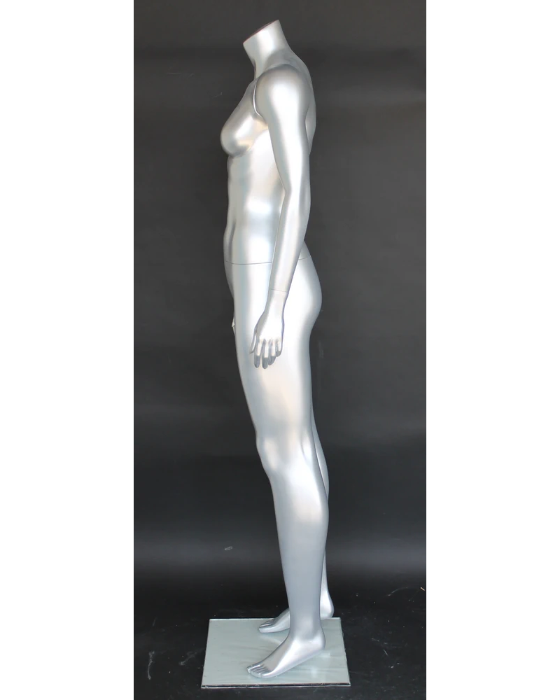 Athletic arms-at-sides headless female mannequin in matte silver, STW101-ST