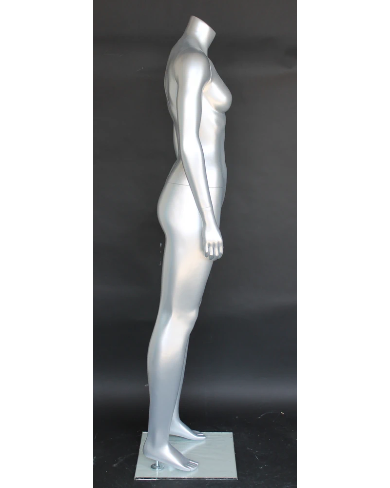 Athletic arms-at-sides headless female mannequin in matte silver, STW101-ST