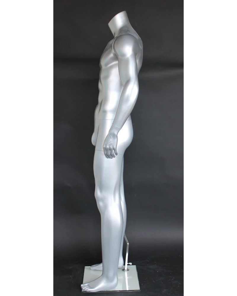 Muscular headless male mannequin in matte silver, STM052-ST