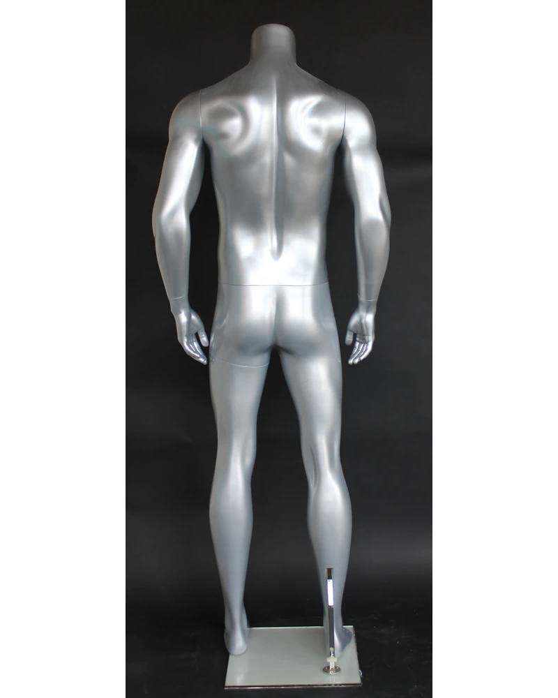 Muscular headless male mannequin in matte silver, STM052-ST