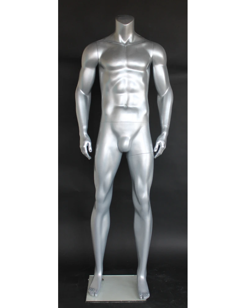 Muscular headless male mannequin in matte silver, STM052-ST