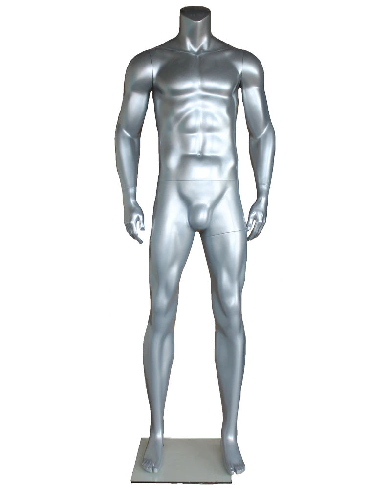 Muscular headless male mannequin in matte silver, STM052-ST