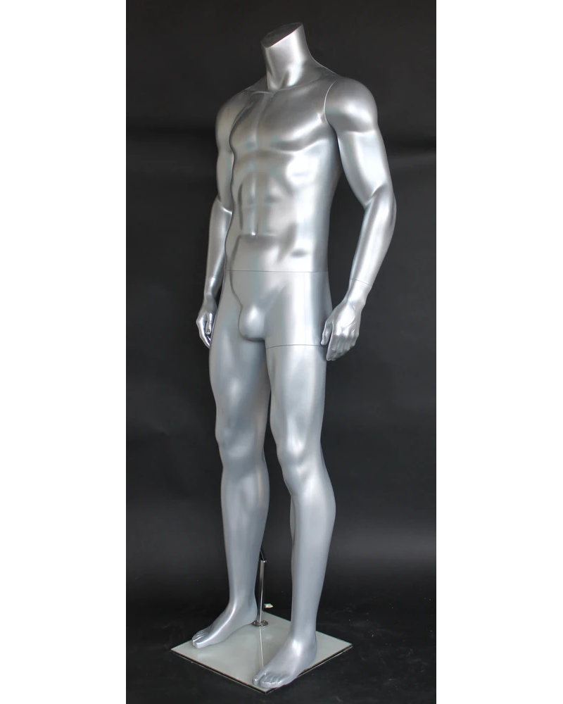 Muscular headless male mannequin in matte silver, STM052-ST