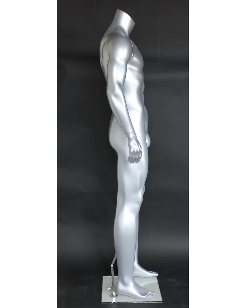 Muscular headless male mannequin in matte silver, STM052-ST