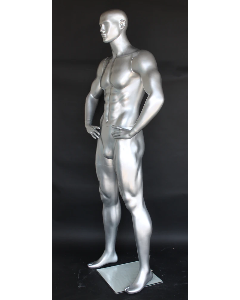 Hands-on-hips athletic featured-face football male mannequin in matte silver, SFB1-ST