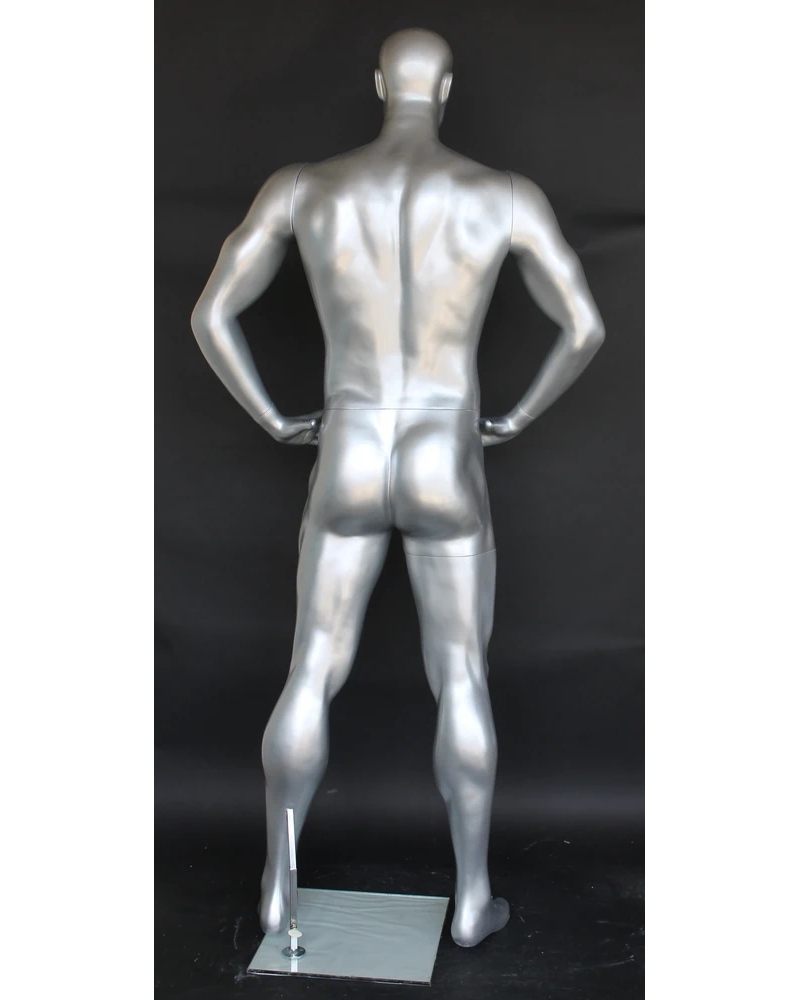 Hands-on-hips athletic featured-face football male mannequin in matte silver, SFB1-ST