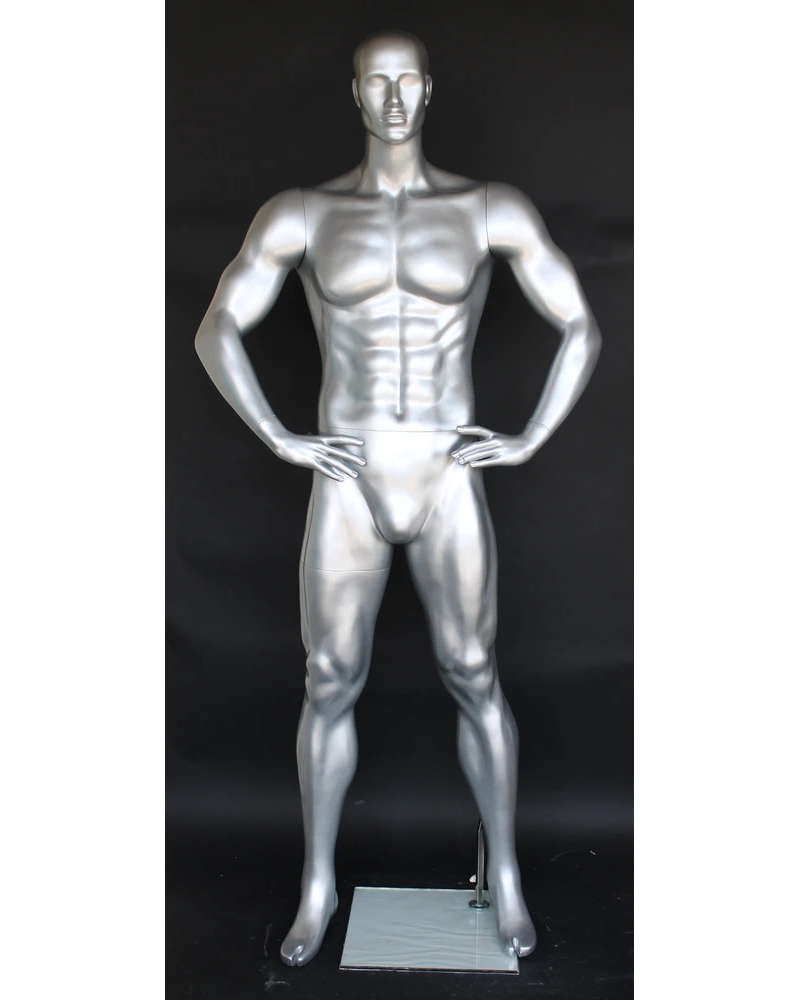 Hands-on-hips athletic featured-face football male mannequin in matte silver, SFB1-ST
