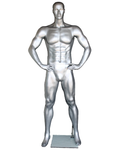 Hands-on-hips athletic featured-face football male mannequin in matte silver, SFB1-ST