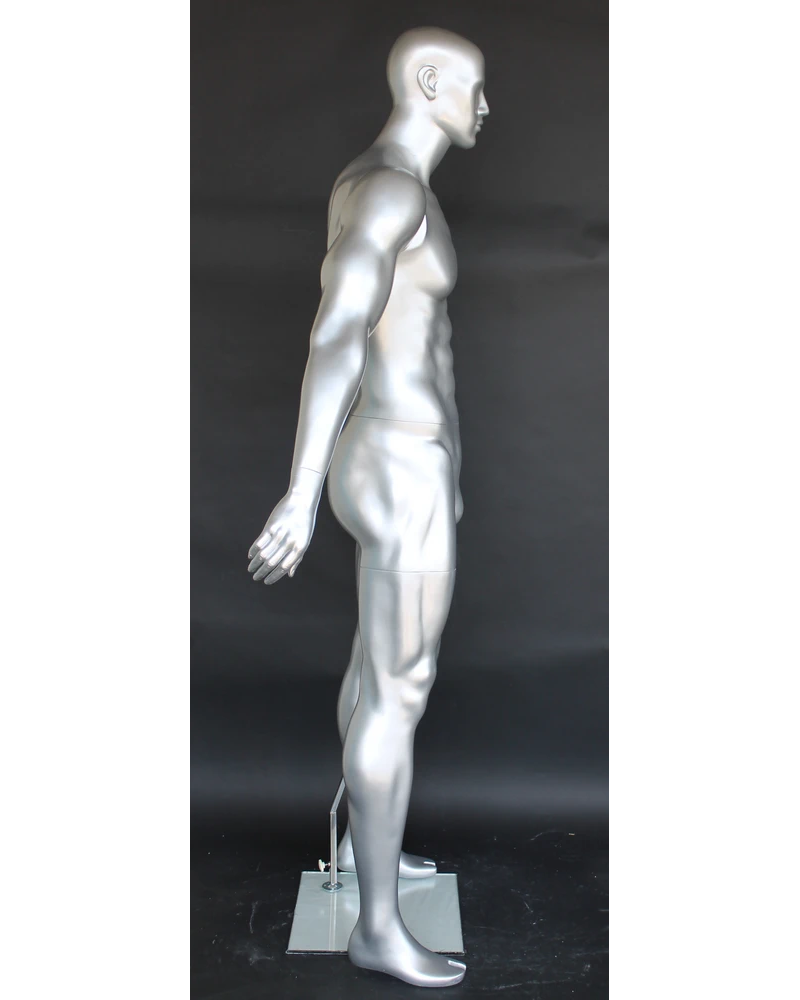 Relaxed-stance athletic featured-face football male mannequin in matte silver, SFB2-ST