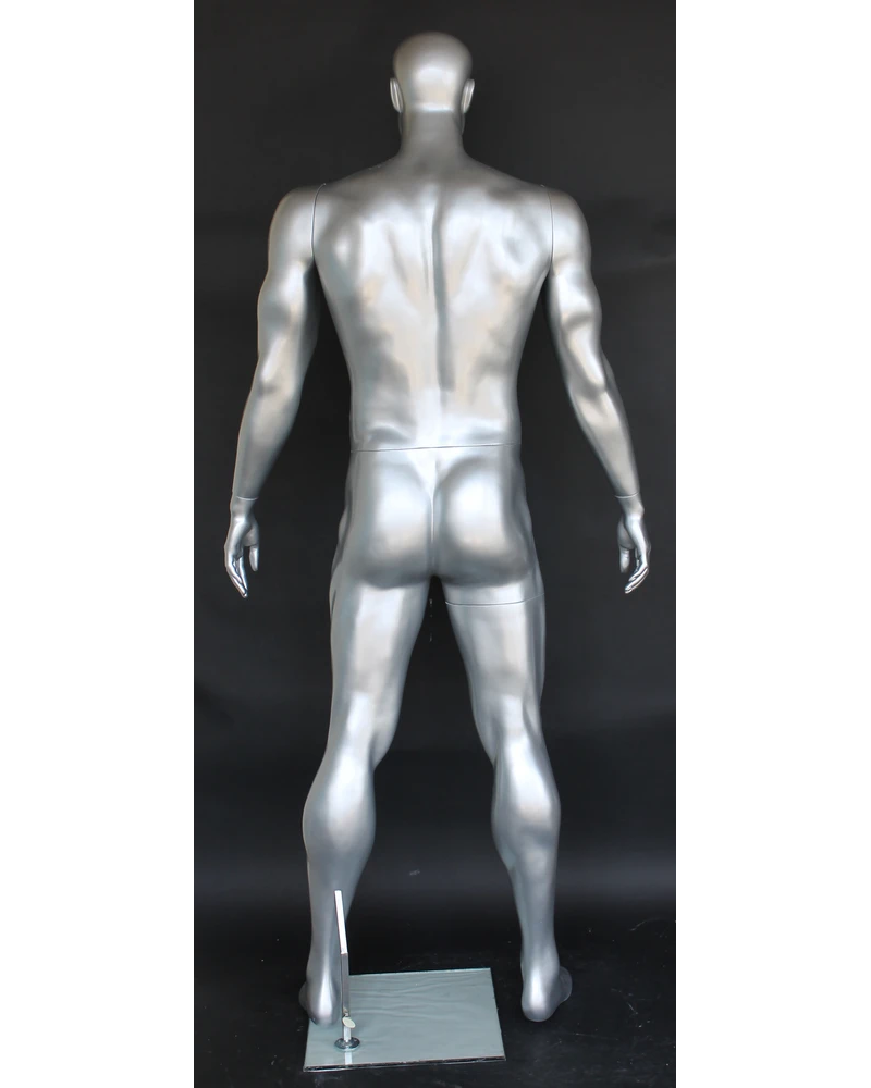 Relaxed-stance athletic featured-face football male mannequin in matte silver, SFB2-ST