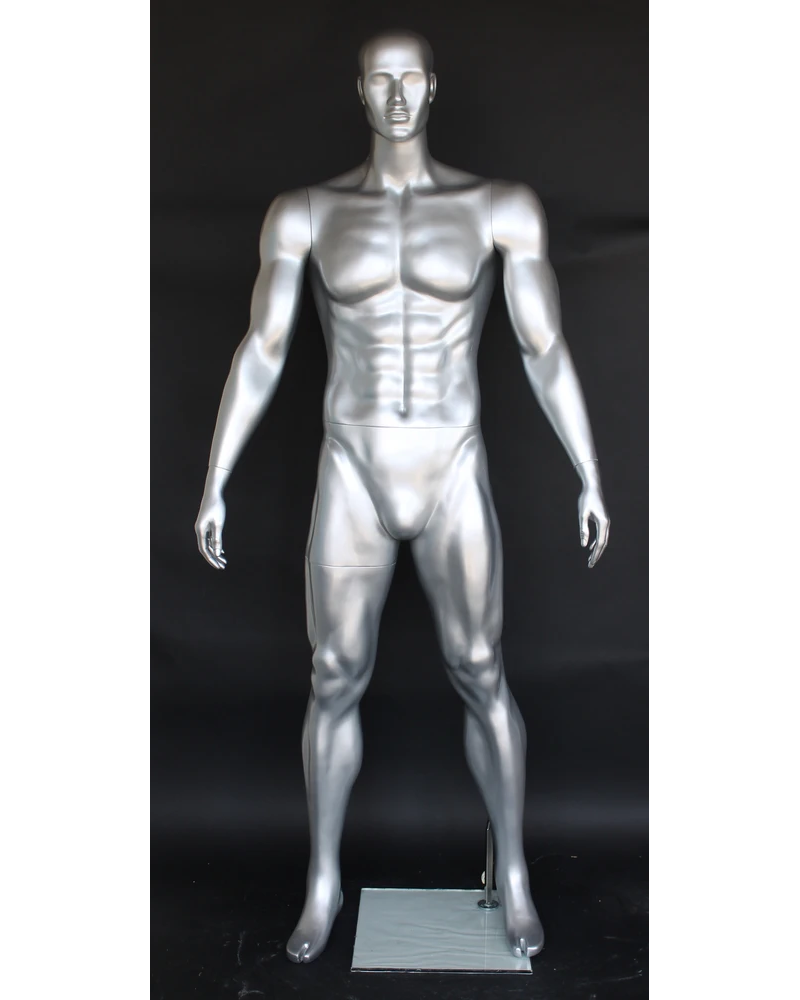 Relaxed-stance athletic featured-face football male mannequin in matte silver, SFB2-ST