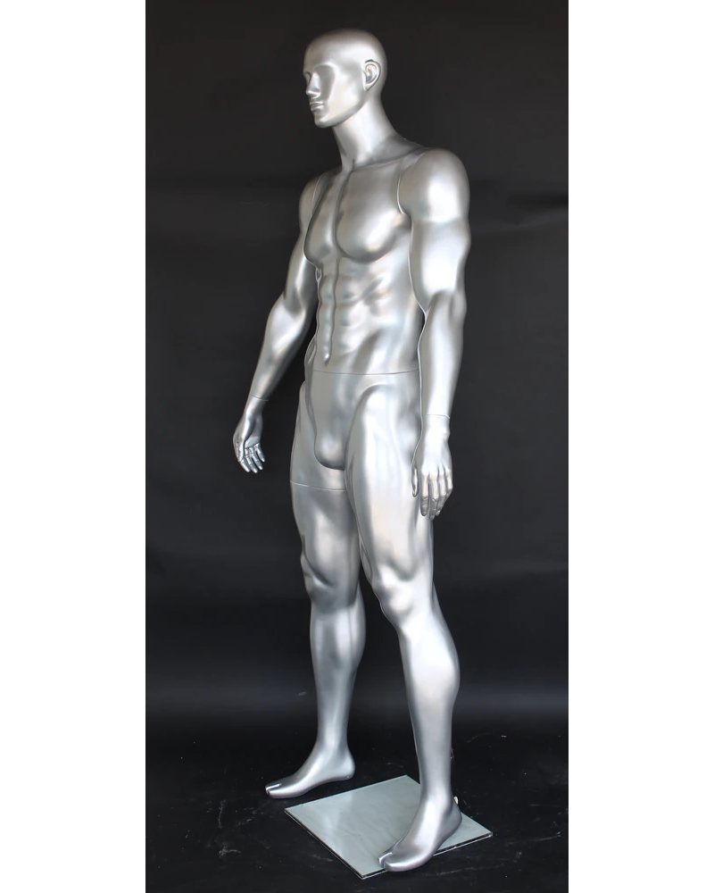 Relaxed-stance athletic featured-face football male mannequin in matte silver, SFB2-ST