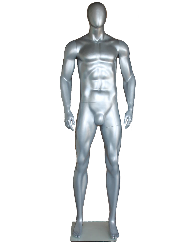 Tall athletic arms-at-sides egghead male mannequin in matte silver, SFM52E-ST
