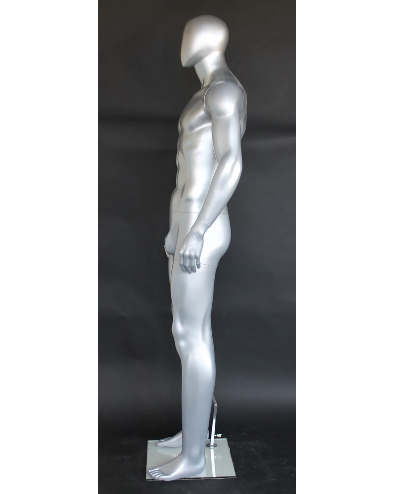 Tall athletic arms-at-sides egghead male mannequin in matte silver, SFM52E-ST
