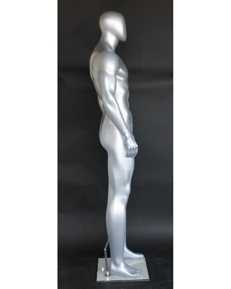 Tall athletic arms-at-sides egghead male mannequin in matte silver, SFM52E-ST