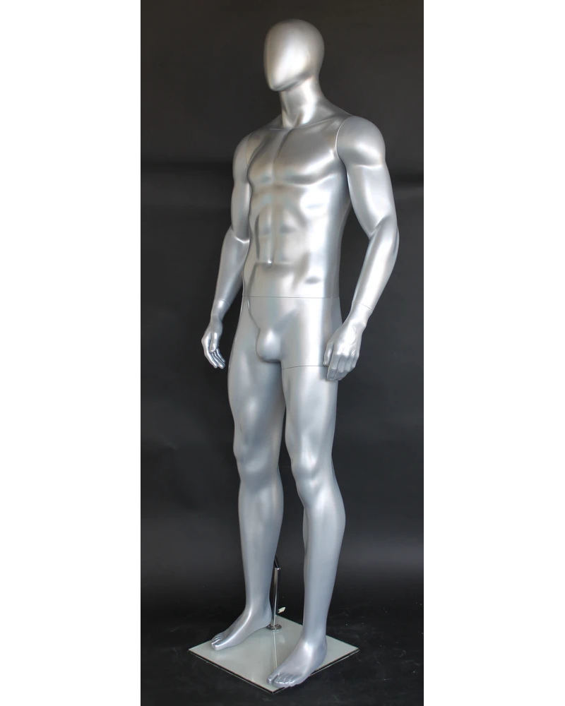 Tall athletic arms-at-sides egghead male mannequin in matte silver, SFM52E-ST