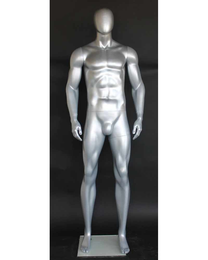 Tall athletic arms-at-sides egghead male mannequin in matte silver, SFM52E-ST