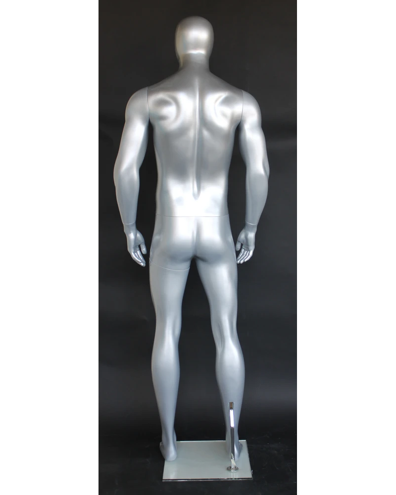 Tall athletic arms-at-sides egghead male mannequin in matte silver, SFM52E-ST