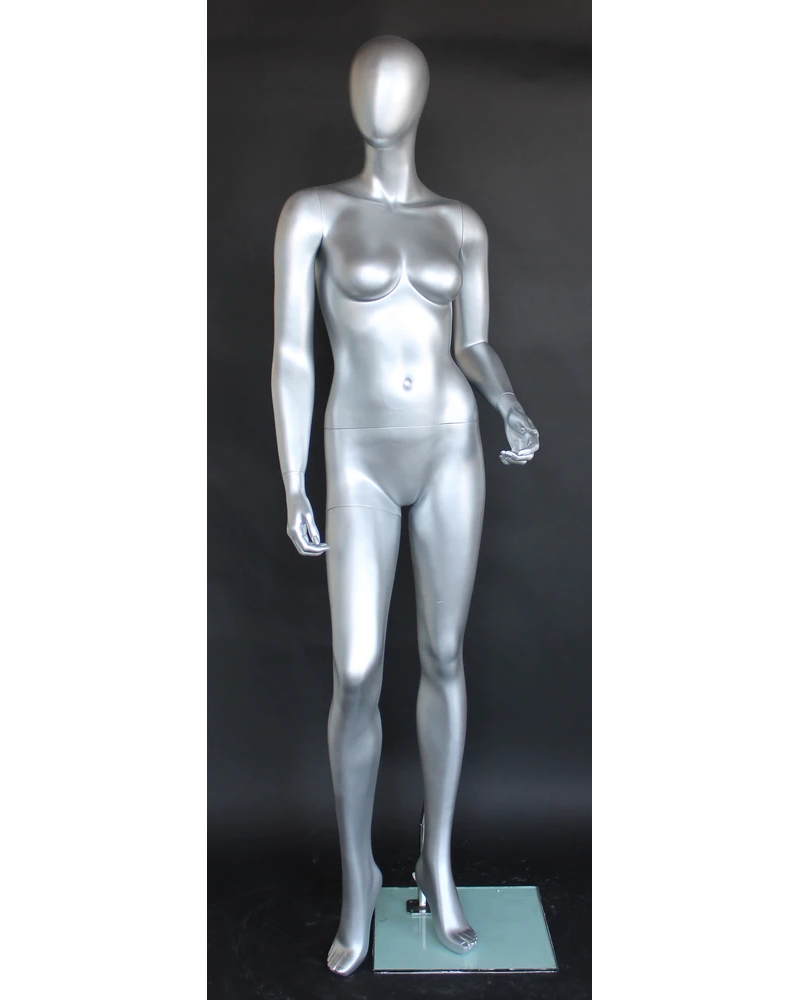 Twisted-torso egghead female mannequin in matte silver, SFW43E-ST