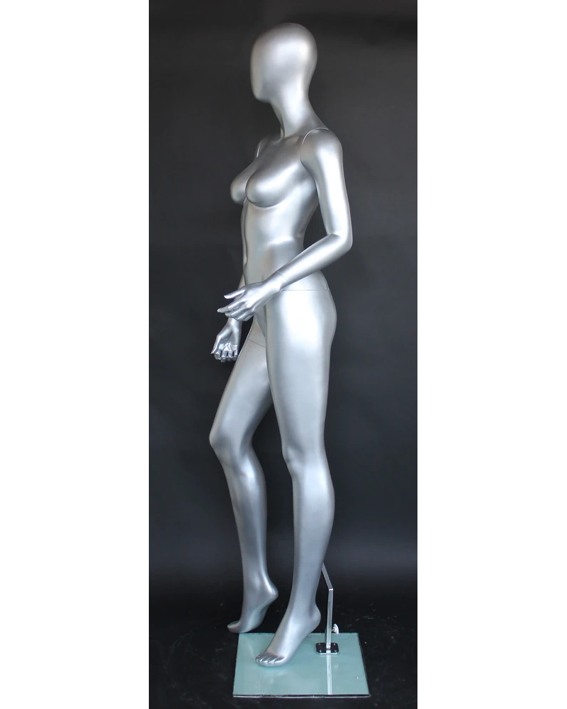 Twisted-torso egghead female mannequin in matte silver, SFW43E-ST