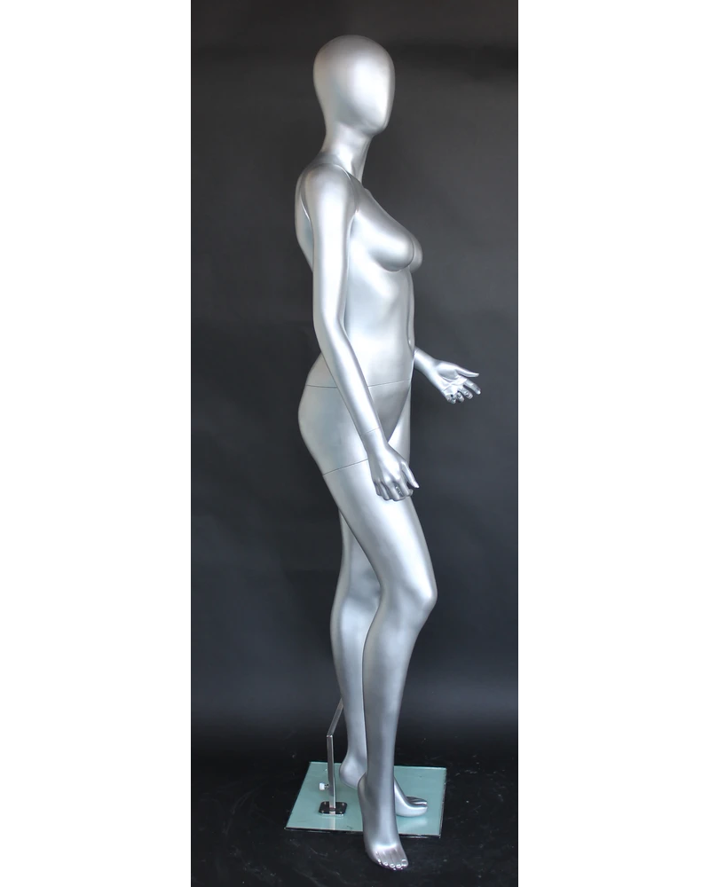 Twisted-torso egghead female mannequin in matte silver, SFW43E-ST