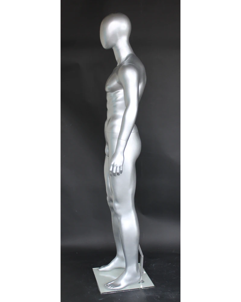Muscular arms-at-sides egghead male mannequin in matte silver, SFM29E-ST