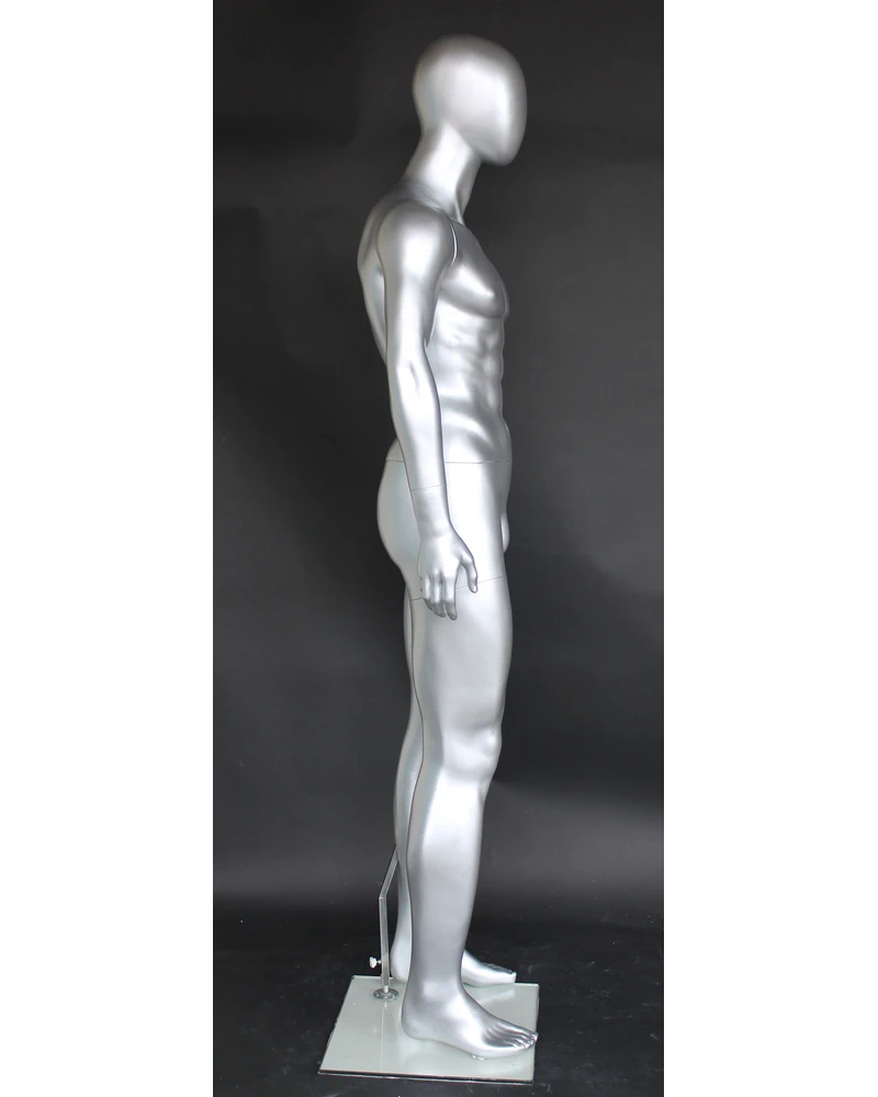 Muscular arms-at-sides egghead male mannequin in matte silver, SFM29E-ST