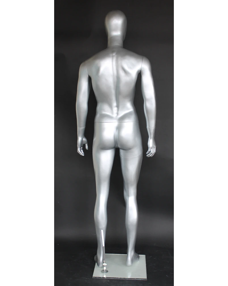 Muscular arms-at-sides egghead male mannequin in matte silver, SFM29E-ST