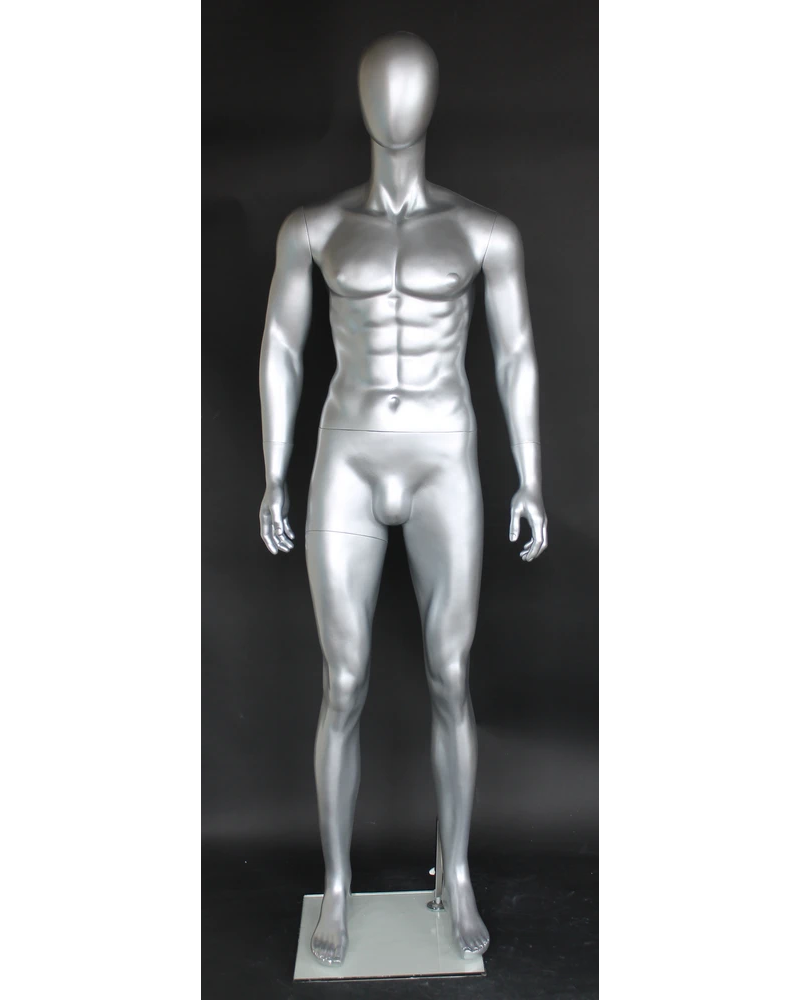 Muscular arms-at-sides egghead male mannequin in matte silver, SFM29E-ST