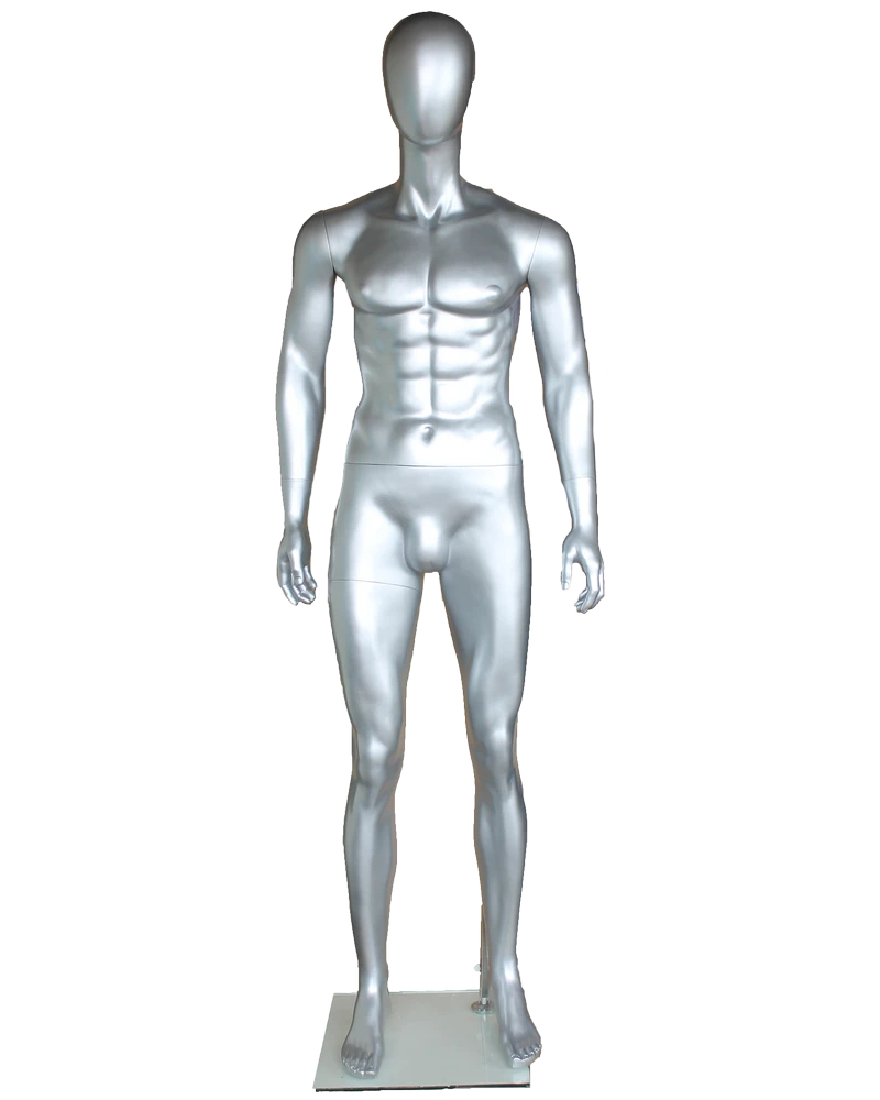 Muscular arms-at-sides egghead male mannequin in matte silver, SFM29E-ST