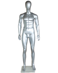 Muscular arms-at-sides egghead male mannequin in matte silver, SFM29E-ST