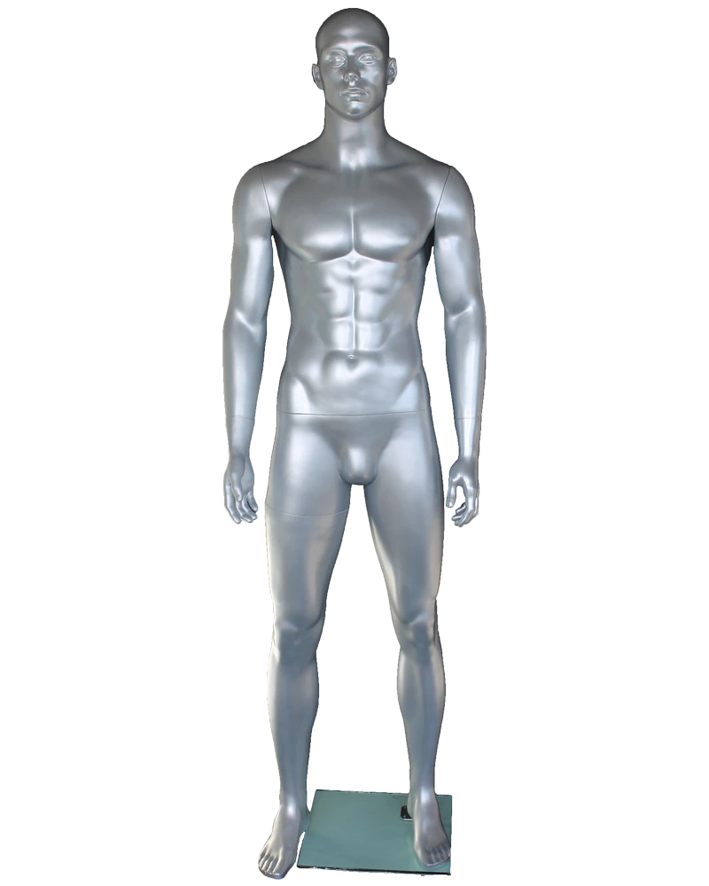 Muscular bald-head featured-face male mannequin in matte silver, SFM6-ST