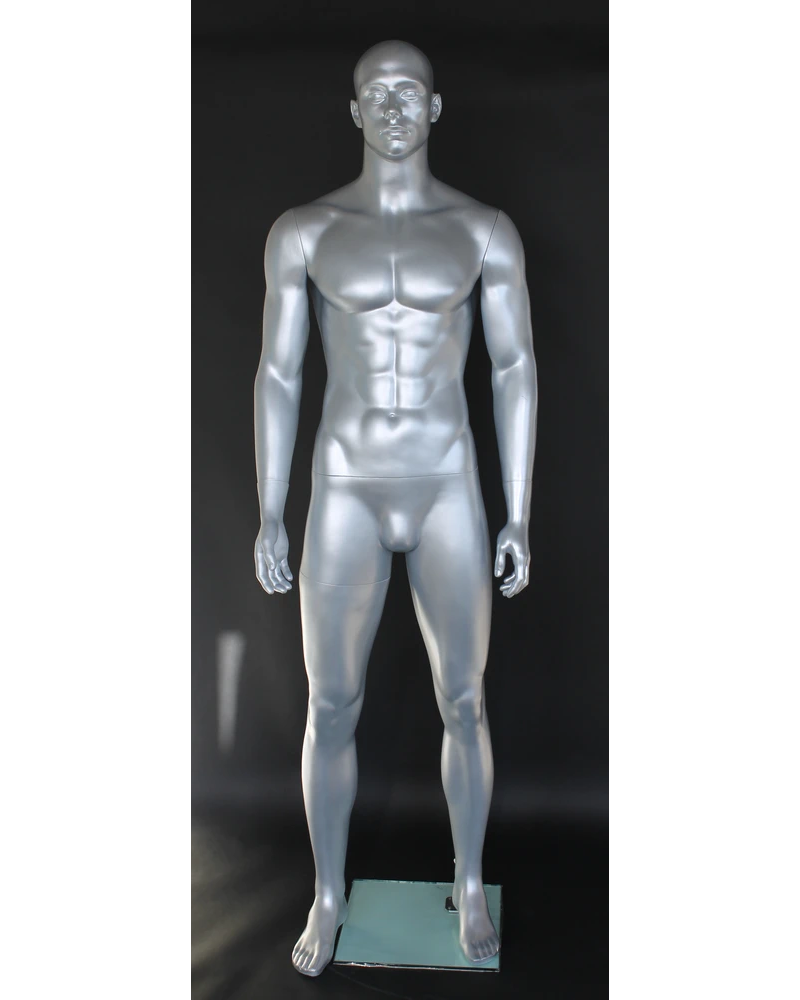 Muscular bald-head featured-face male mannequin in matte silver, SFM6-ST