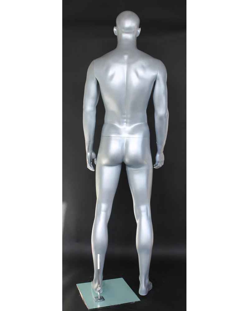 Muscular bald-head featured-face male mannequin in matte silver, SFM6-ST