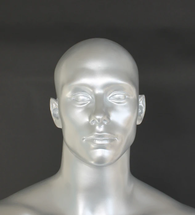 Muscular bald-head featured-face male mannequin in matte silver, SFM6-ST