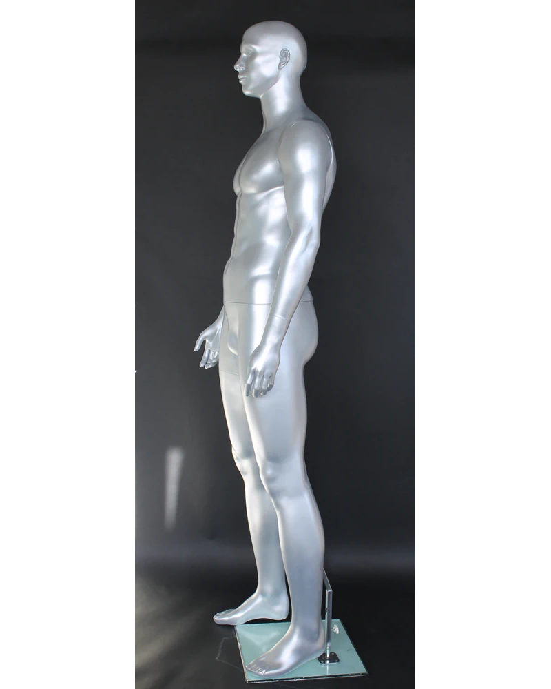 Muscular bald-head featured-face male mannequin in matte silver, SFM6-ST