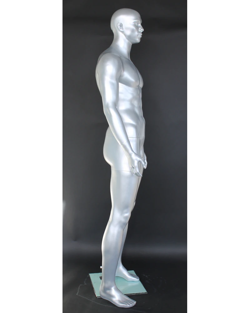 Muscular bald-head featured-face male mannequin in matte silver, SFM6-ST