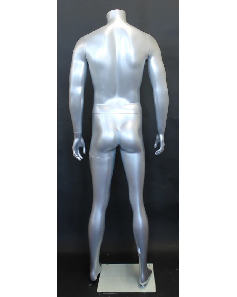 Arms-at-sides headless male mannequin in matte silver, STM001-ST