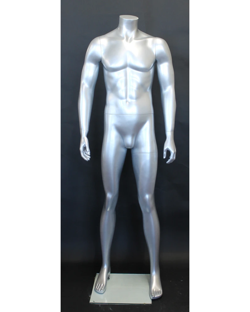 Arms-at-sides headless male mannequin in matte silver, STM001-ST